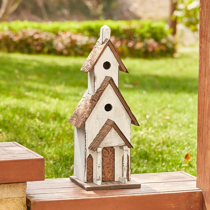 Glitzhome Bird Houses for Outdoors,23.62" H Church Birdhouse Rustic Tall Hand Painted Wooden Bird House White Extra-Large Bird House for Outside