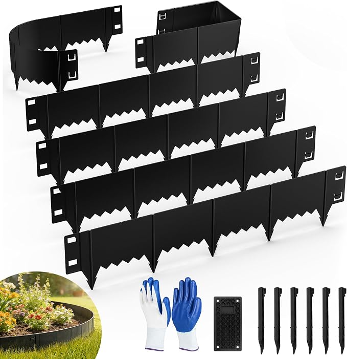 6-Pack Heavy Duty Metal Garden Border (20FT), 8 in *37 in Hammer-in Landscape Edgings with 6 Pcs Plastic Stakes, Bendable Lawn Edgings for Yard, Tree Rings, Lawn,Pathway-Black