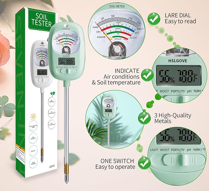 HSLGOVE Soil Test Kit, 7-in-One Soil Moisture Meter/Soil PH Meter/Fertility, Dual Screen Soil Tester w/Digital Soil Temp/Air Temp&Humidity for Plants Gardening,Lawn,Farm Indoor&Outdoor-Mint Green