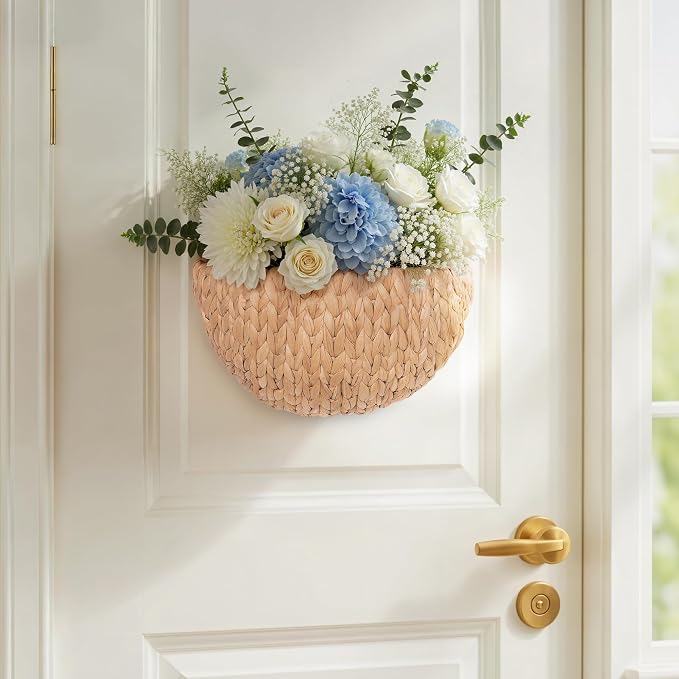 iEGrow Wicker Wall Basket, Scalloped Wall Basket Natural Water Hyacinth, Hanging Baskets for Organizing and Decor, Woven Storage Baskets for Door Mounted Entryway Flower Mail Plant Nursery
