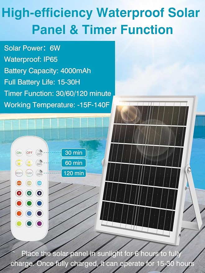 Solar Pool Fountain with 15-Color LED Lights, Adjustable Water Pressure & Spray Angle, Pool Waterfall Sprinkler for Above Ground & Inground Pools, Ponds, Outdoor Decor
