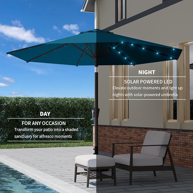 9FT Patio Umbrella with Solar Lights,Outdoor Market Umbrella with Tilt and Crank, LED Lighted Table Umbrella for Garden,Deck,Backyard,Pool,Beach