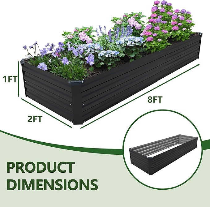 8×2×1FT(2PCS) Galvanized Raised Garden Bed Kit Metal Planter Boxes,Large Outdoor Planters Garden for Planting Vegetables,Flowers,Herbs -Black