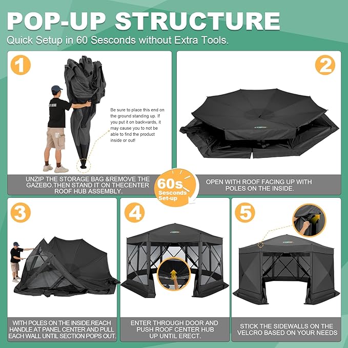 COBIZI 15x15 FT Pop Up Gazebo, Canopy Tent, Large Gazebos On Clearance with Sidewalls, Screened in Gazebo,carpas para Patio,Portable Screen Tents for 12-15 Persons Outdoor Camping, Backyard, Black