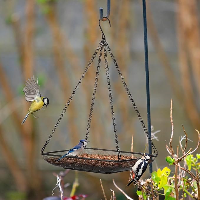 MIXXIDEA Hanging Bird Feeder Tray 11x11 Inches, Metal Mesh Platform Seed Feeder with Durable Chains for Outdoors Outside Great for Attracting Wild Birds, 2 Pack