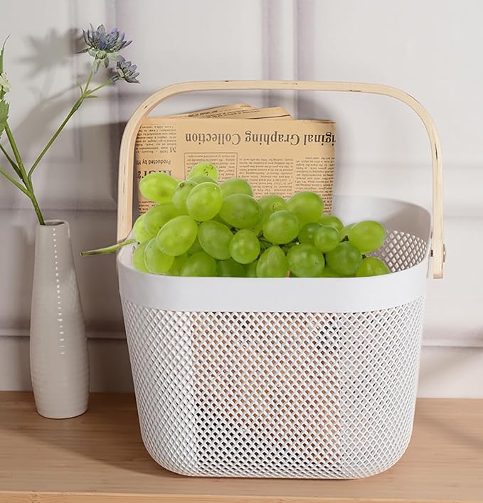 Nexboraque 2 Pack Plastic Mesh Garden Harvest Basket, Plastic Picnic Baskets with Foldable Wooden Handle, Rectangle Fruit Vegetable Storage Organizer Bins for Gathering, Kitchen, Pantry, White
