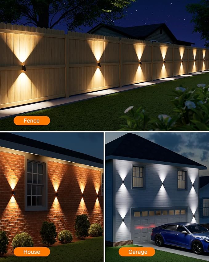 12 Pack Solar Powered Fence Lights Outdoor (Warm/Neutral/Cool White) Waterproof Up and Down Wall Mount LED Decorative Lamp for Outside Patio, House, Backyard, Porch, Deck, Garden with 3 Lighting Modes