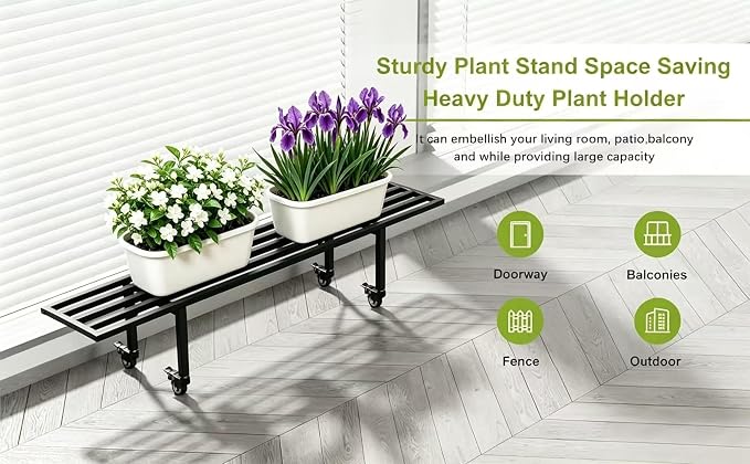 Zhongma One Tier Metal Plant Stand with Wheels,(45.67 L x 8.66 W x 10.3 H) Heavy Duty Plant Holder for Home, Window,Garden, Plant Lovers, Display Stand