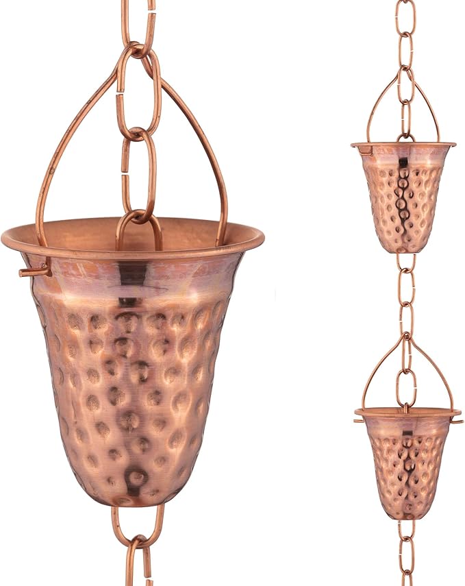 Copper Rain Chain – Decorative Chimes & Cups Replace Gutter Downspout & Divert Water Away from Home for Stunning Fountain Display – for Universal Fit