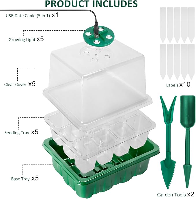 Seed Starter Tray with Grow Lights 5 PCS Kit Humidity Dome Adjustable Brightness Timer Controller 8 LED Seedling Trays with Tall Lid Mini Greenhouse for Staring Seedlings