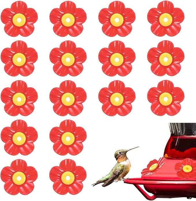 M METERXITY 16-Pack Hummingbird Feeder Replacement Flowers, Plastic Pet Hummingbird Feeding Parts Feeding Ports for Outdoor Hanging Feeders, Bees Guards [Red]