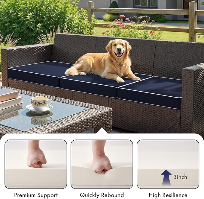 MIULEE Navy Outdoor Bench Cushion Set of 1, 48x18x3 Inch Waterproof Patio Seat Cushions for Swing and Outdoor Furniture Couch Sofa, 3 Year Color Fastness High Density Foam with Adjustable Ties