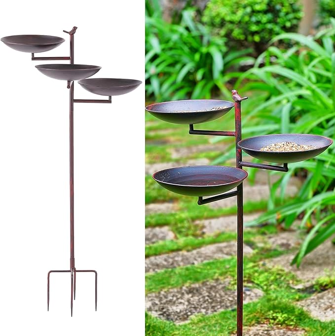 44" H Metal Bird Bath and Feeder for Outside, Standing Birdbaths with Cast Iron Bird, Vintage Birdfeeder for Outdoors with 4-Prong Stake Base for Garden Decor Yard Lawn, Red
