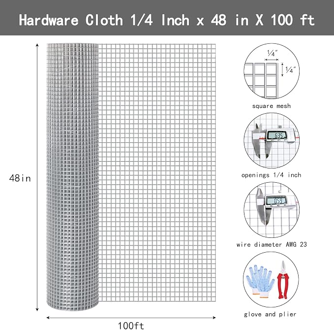 Thinkahead Hardware Cloth 1/4 Inch 48 X 100 ft 23 Gauge, Chicken Coop Wire Fencing, Hot Dipped Galvanized Wire Mesh, Hardware Cloth for Chicken Coop, Rabbit Cages, Garden, Small Rodents Screen Fence
