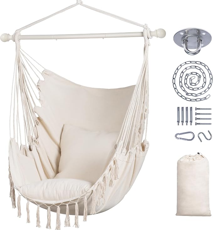SUNCREAT Hammock Chair Hanging Rope Swing Seat-Max 450lbs Capacity, Extra Large Macrame Hanging Swing with Side Pocket, Two Seat Cushion, Beige