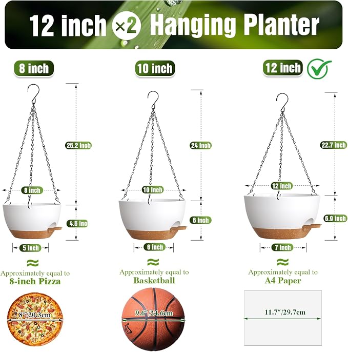 12 Inch Self Watering Hanging Planters, 2 Pack Plastic Plant Pots | Sturdy lightweight pot with side watering lip, drainage holes, snap-on detachable tray & hanging chain for easy care
