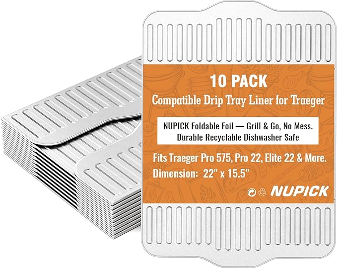 NUPICK 10-Pack BAC507 Grill Drip Tray Liners for Traeger Pro 575, Pro 22 and Elite 22, Grill Accessories for Traeger, Aluminum Disposable Drip Trays,Heat-Resistant Grill Accessory, 22in X 15.5in
