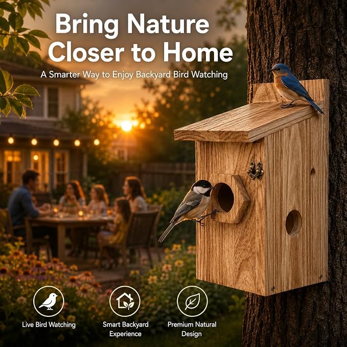 Smart Bird House with Camera, Wooden Birdhouse for Outdoor Bird Watching, App Live View, Color Night Vision, Motion Detection, 2-Way Audio, Waterproof Bird Nesting Box