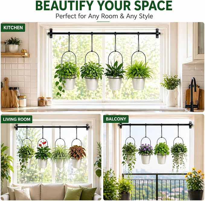 Adjustable Hanging Window Planter with 4 Pots, Space Saving Indoor Herb Garden Plant Hanger, Metal Vertical Plant Rack for Kitchen, Balcony & Home Deco41in-4 Flower pots
