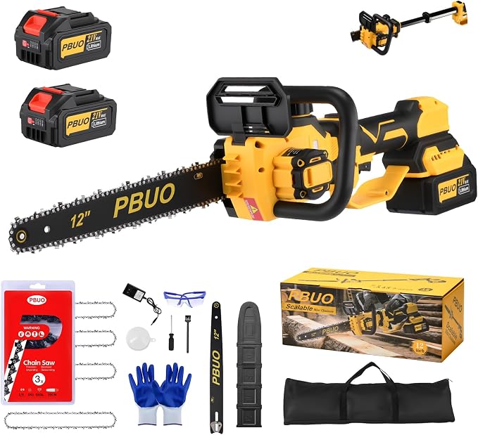 12 Inch Cordless Brushless Chainsaw, 2-IN-1 Telescoping Pole Saw with 2×4.0Ah Batteries & 4 Chains, Lightweight Safe Tree Pruner for Garden Wood Cutting