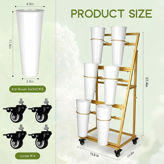 Flower Bar Stand with 6 Buckets, 3-Tier Metal Flower Display Stand on Wheels, Mobile Flower Cart for Indoor & Outdoor Garden, Flower Shop, Wedding, Party Decor(Gold)