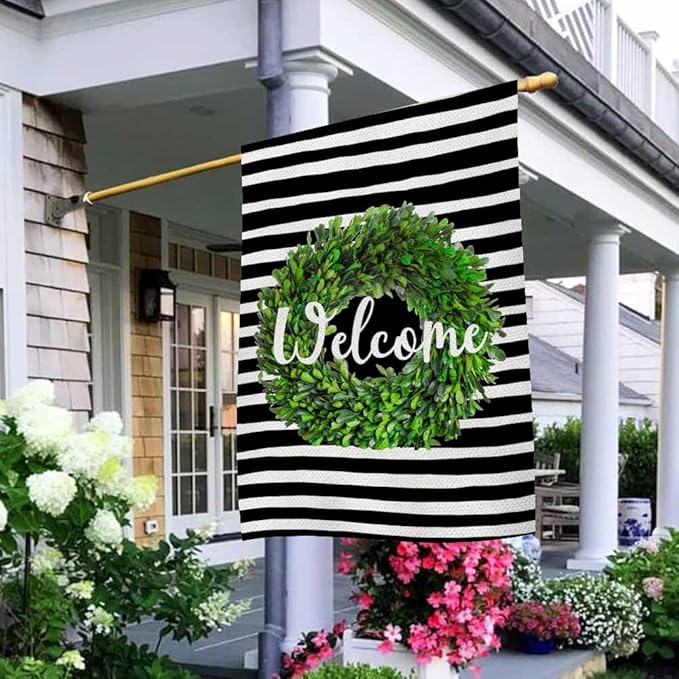 AOYEGO Boxwood Wreath Welcome House Flag 28 x 40 Inch Large Vertical Double Sided Black and White Stripes Background Seasonal Outside Décor for Garden Yard Farmhouse Flags