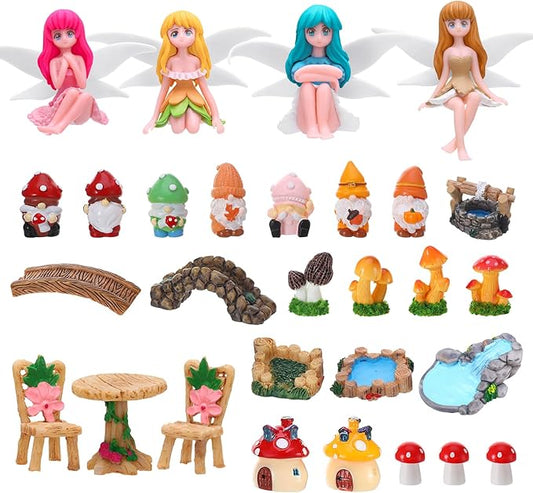 29Pcs Fairy Garden Accessories, Miniature Garden Ornaments Landscape Decorations Mini Fairy Figures Gnome Figure Animal Plant Furniture Set for DIY Terrarium Potted Plants Dollhouse Desk Decor