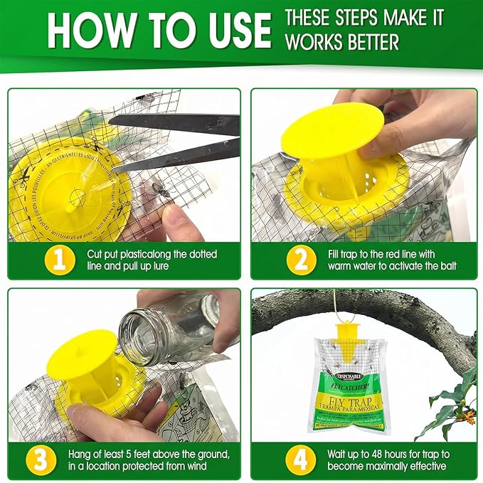 Fly Trap Bags 8 Pack Outdoor Hanging - Disposable Fly Catcher Mess-Free Bug Bags for Yard Garden Farm & Horse Ranch