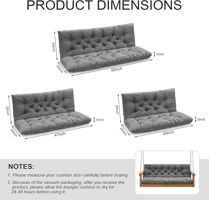 Porch Swing Cushions, Outdoor 3 Seats Swing Cushion Replacement Pad with Backrest, Waterproof Bench Cushion with Ties, for Porch,Garden,Backyard Furniture Patio Lounger (Light Gray 60 * 40 in)