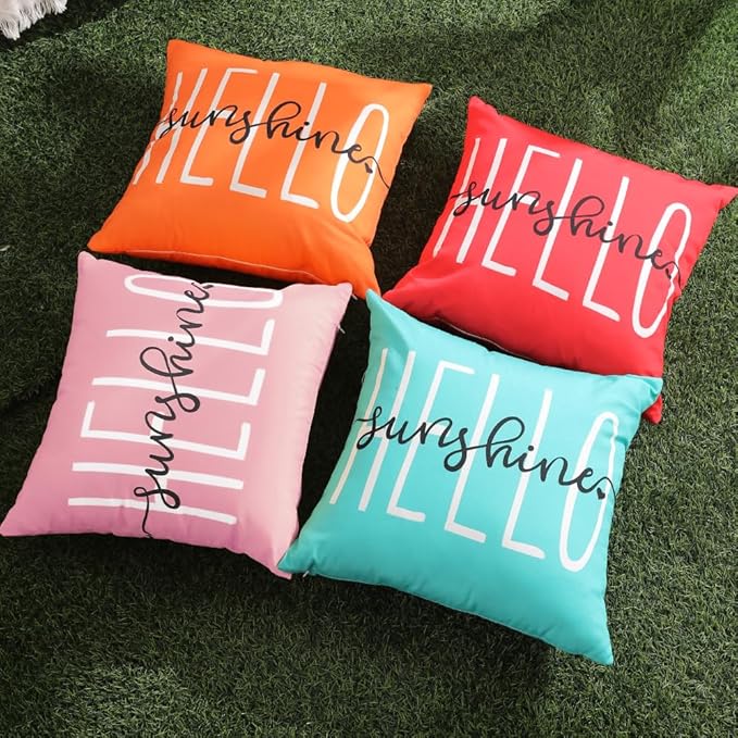 DFXSZ Outdoor Pillow Covers 18x18 Inch Set of 2 Hello Sunshine Decor Pink Waterproof Summer Outdoor Waterproof Pillow Covers Decor for Patio Funiture Garden Sofa Couch 020F18