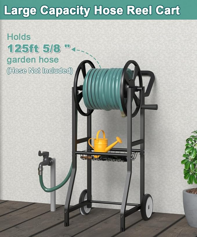 Artigarden Garden Hose Reel Cart with Wheels, Outdoor Heavy Duty Powder Coated Steel Water Winder Storage Holds 125 ft 5/8" Hoses with 3.9ft Leader Hose and Basket for Backyard, Yard, Lawn, Black