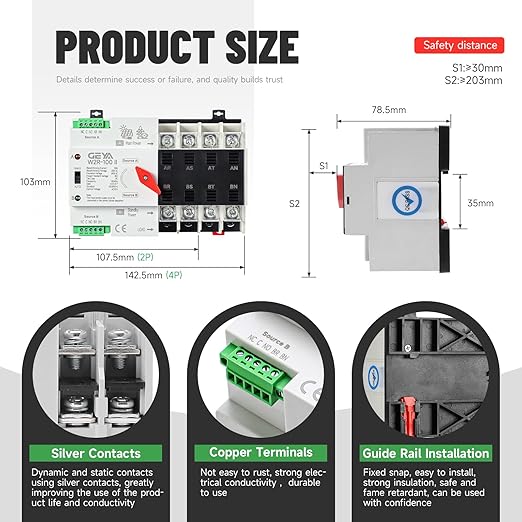 GEYA 4P 100A AC230V Automatic/Manual Transfer Switch,ATS Dual Power Auto Transfer Switch,Uninterruptible Millisecond-Level ATS,DIN Rail Mounting（W2R 4P 100A AC230V）