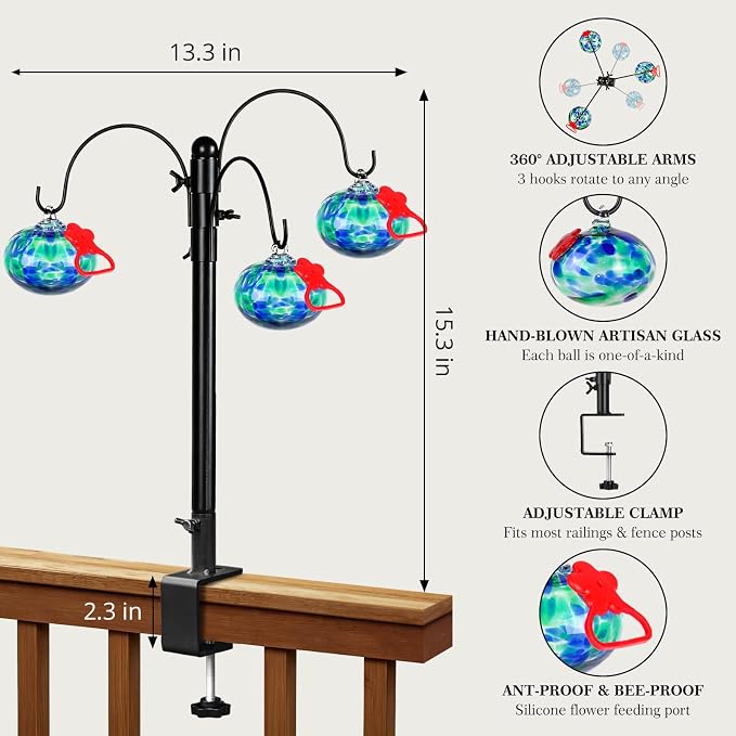 Headak life 15 inch Hummingbird Feeder Deck Hook for Railing, Hand Blown Glass Hummingbird Feeders for outdoors with Clamp-On Stand, Adjustable Outdoor Bird Feeder Pole for Deck,Garden Gifts for Women