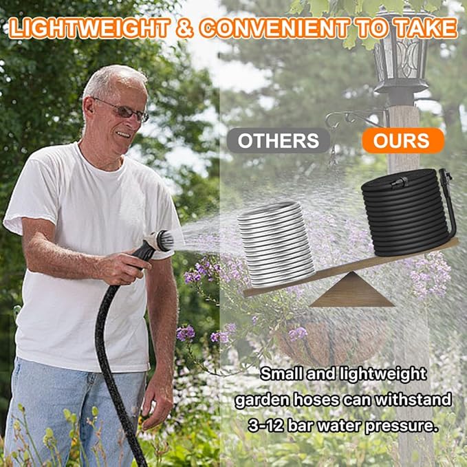 Garden Hose 75ft, Pliable lightweight Water Hose with Triple Layer 3/4" Fittings Ergonomic Grip Indoor & Outdoor Use Gift for Lawn Car Watering Plants Black