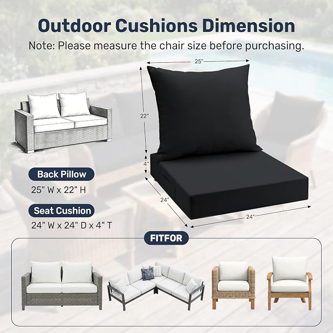 UNIKOME Outdoor Seat Cushions 24 X 24 Inch - Water-Resistant & Fade Resistant, Removable Cover Patio Furniture Cushions for Chair, Sofa, Couch, Wicker, Black