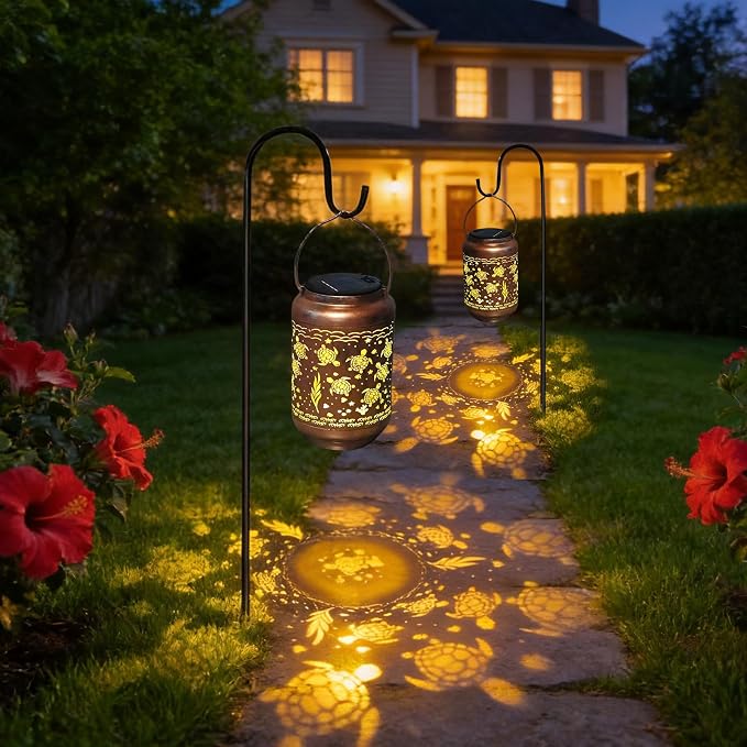 HONGLAND Sea Turtle Solar Lanterns Outdoor Waterproof Hanging Garden Decor, Gifts for Mom Grandma Women, Solar Lights Metal LED with Shepherd Hook for Patio Yard Porch Lawn
