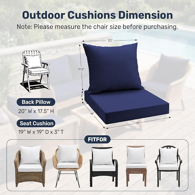 UNIKOME Outdoor Seat Cushions 19 X 19 Inch - Water-Resistant & Fade Resistant, Removable Cover Patio Furniture Cushions for Chair, Sofa, Couch, Wicker, Navy