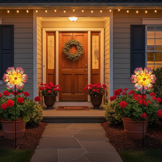 Giant Flower Garden Stakes Decorative with 50 String LED Lights and Butterflies, 46.7" Pink Solar Flowers Outdoor Waterproof for Yard Patio Lawn Decoration