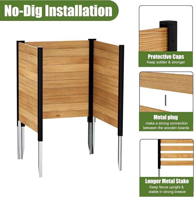Outdoor Privacy Fence 3P-38''W x 42''H Wood Fence Privacy Screen No Dig Fence Panels, Fencing for Garden Patio Pool Equipment Enclosure Trash Bin Air Conditioner, Privacy Fence Panels Horizontal,Black