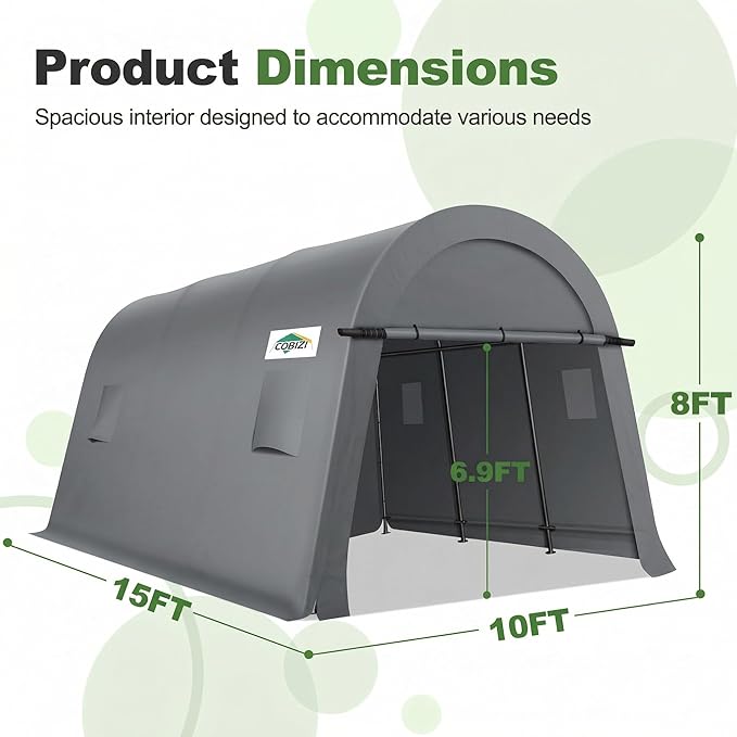 COBIZI 10x15 Carport Canopy Heavy Duty Portable Garage Tent with Double Zippered Roll-up Doors & Vents, Large Space Car Port Car Garage Waterproof Anti-Snow for Cars, Boats, Trucks, Gray