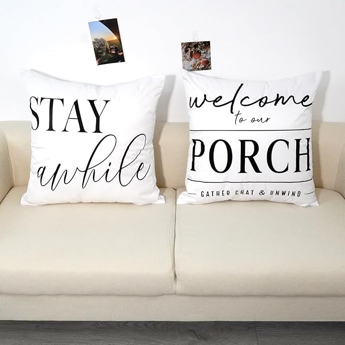 TAJWE Outdoor Pillow Covers Waterproof 20x20 Set of 2 Welcome to Our Porch Stay Awhile Cushion Cases for Patio Furniture Sofa Couch Decor