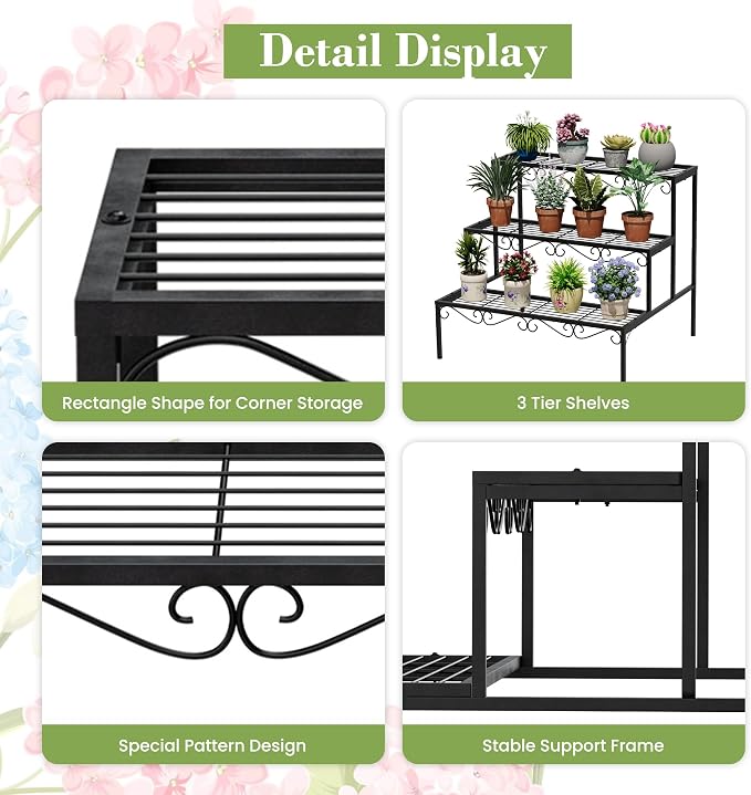 Plant Pot Stand Shelf, 3 Tier Flower Ladder Display Rack, Metal Succulent Plants Storage Holder for Outdoor and Indoor, Black