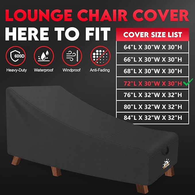 Zettum Outdoor Lounge Chair Cover - Waterproof Patio Chaise Lounge Chair Cover, 600D Heavy Duty Fade-Resistant Outdoor Seating Covers for Pool Lounge Chair, Lawn Bench Furniture 72 x 30 x 30 Inch