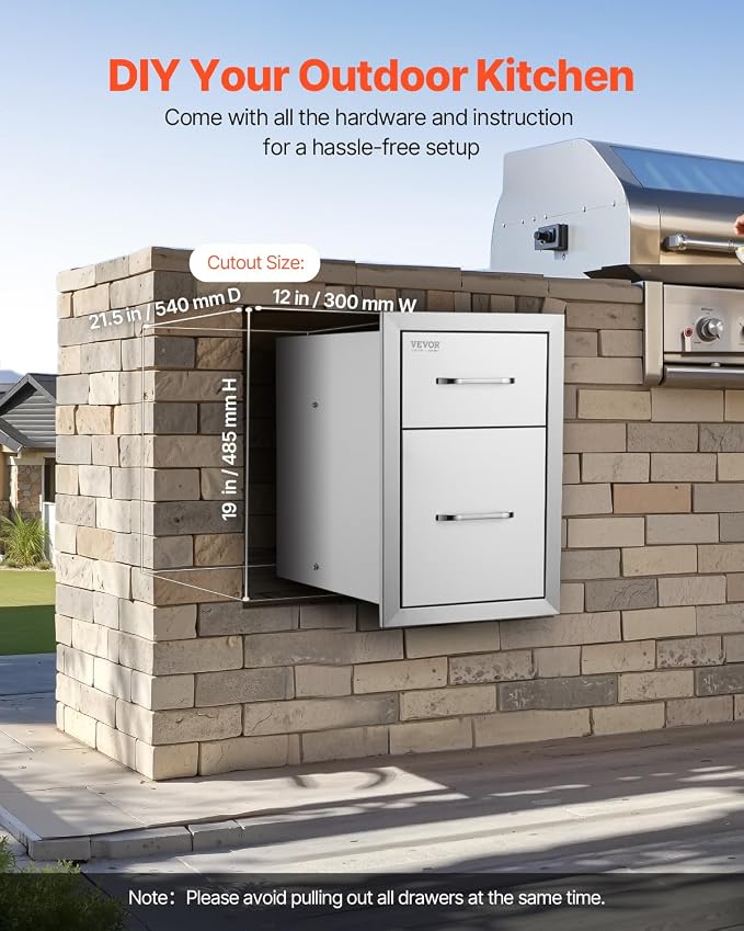 VEVOR Outdoor Kitchen Drawers 13" W x 20.5" H x 21" D, Flush Mount Double BBQ Access Drawers with Stainless Steel Handle, BBQ Island for Outdoor Kitchens or Patio Grill Station