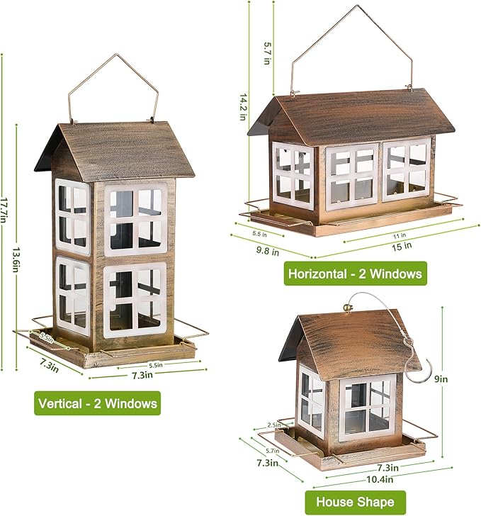 Bird Feeders, Heavy Duty Metal Bird Feeder for Outdoors Hanging, Weatherproof Large Capacity Wild Birdfeeder for Outside Garden Yard, Country House Shape (Horizontal)