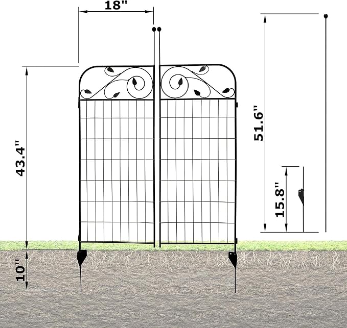 1 Pack 44 Inches x 36 Inches Black Coated Steel Decorative Garden Fence Gate with 8 Leaves, Heavy Duty Metal Wire Border Gate