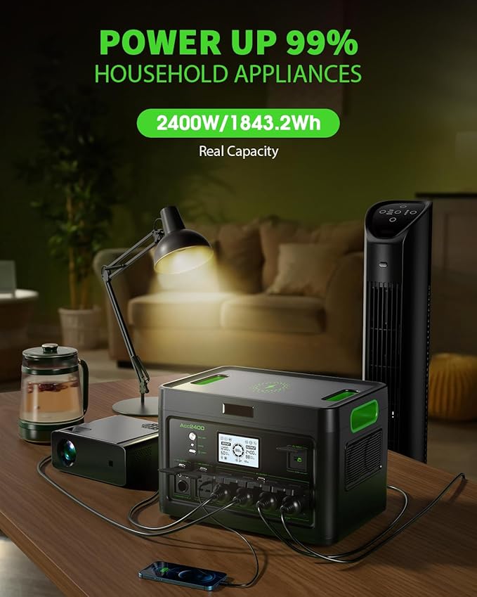 2400W Portable Power Station 1843Wh Solar Generator LiFePO4 Battery Power Bank Station PD100W USB-C & 4 AC Outlets for RV Camping Home Emergency UPS Backup