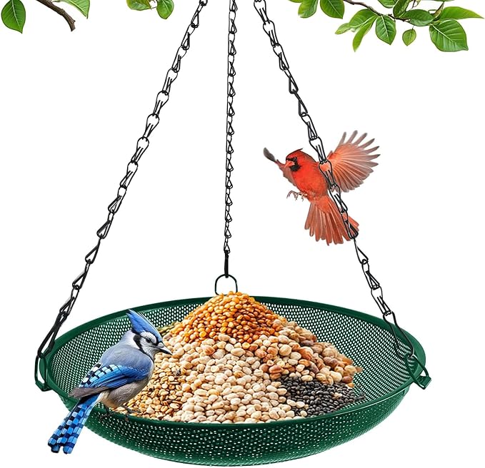 Hanging Bird Feeder for Outdoors – 12 in Platform Bird Feeder, Metal Mesh Seed Tray for Wild Birds, Green