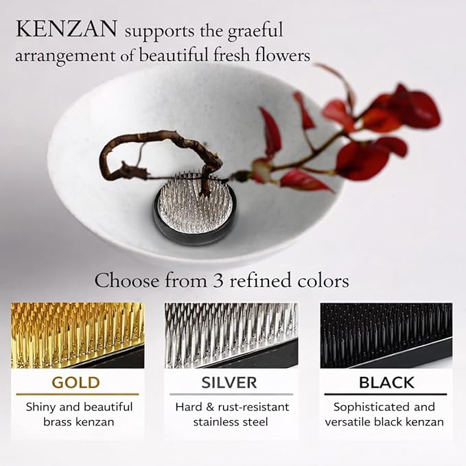 Authentic Japanese Round Kenzan Flower Frog – Made in Japan Ikebana Pin Holder for Flower Arranging (Round 2.4 in, Black)