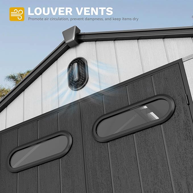 DWVO 8x10 FT Outdoor Storage Shed, 544 cuft Large Plastic Storage Shed with Floor & Lockable Door, Outside Tool Garden Shed with Windows & Vents for Patio Furniture/Lawn Mower, Black&Gray